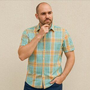 Robert Graham X Plaid Short Sleeve Shirt Green Orange Check Men's XL